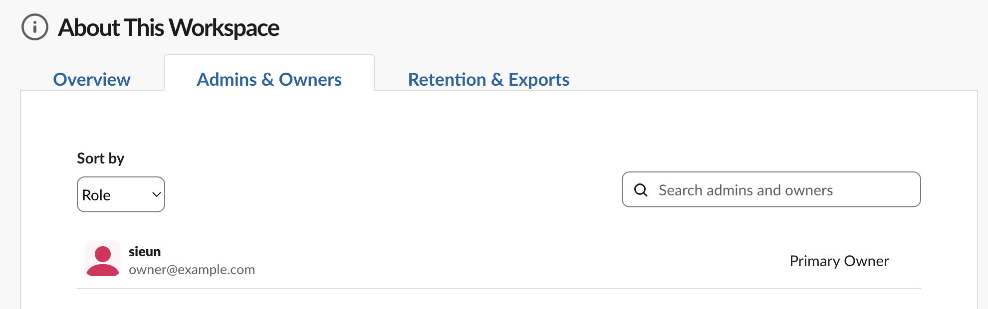 Slack's About This Workspace page, Admins & Owners tab, listing one person with the role Primary Owner