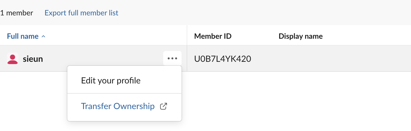 Slack's Manage members page for the Primary Owner: the actions menu on their own row offers only Edit your profile and Transfer Ownership