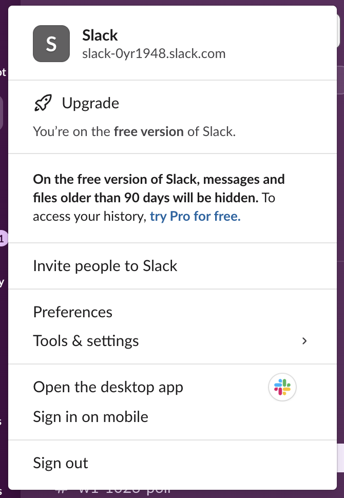 Slack workspace menu opened from the workspace name Slack. Under the name it shows slack-0yr1948.slack.com, then Upgrade, a note about the free version, Invite people to Slack, Preferences, Tools and settings, Open the desktop app, Sign in on mobile and Sign out