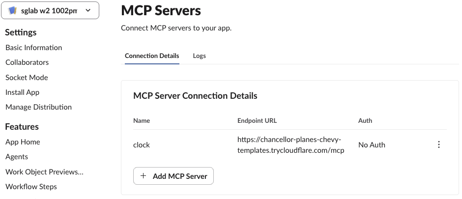 Slack app settings, MCP Servers page: the Connection Details tab lists one server named clock with a trycloudflare.com /mcp endpoint URL and No Auth, plus an Add MCP Server button