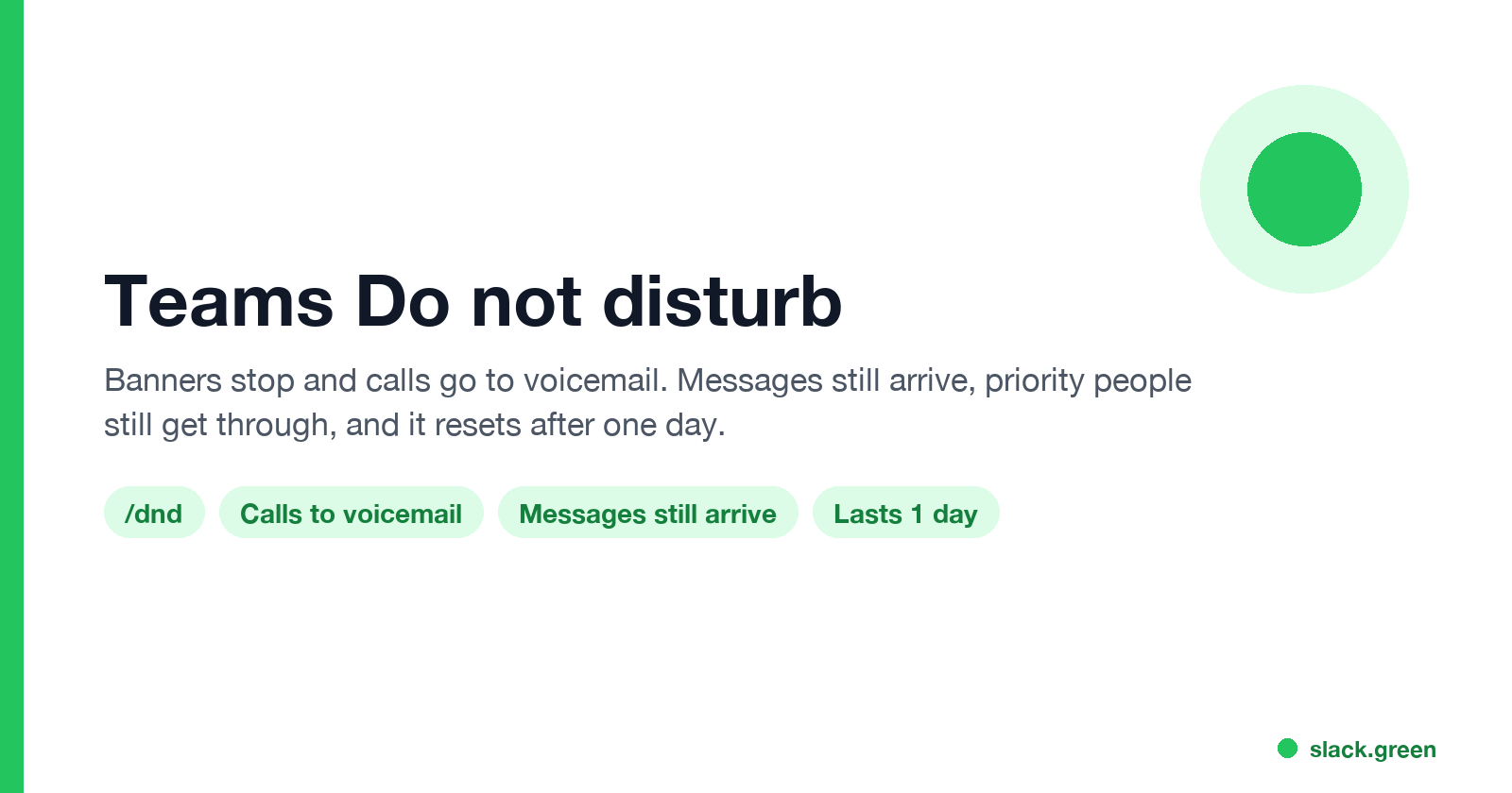 Teams Do not disturb: banners hidden, calls to voicemail, messages still arrive, resets after one day