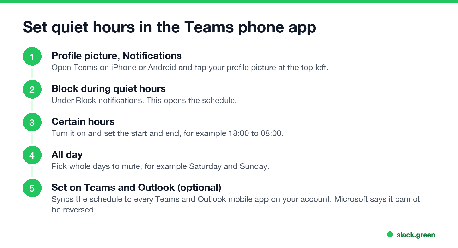 How to set quiet hours in Teams on iPhone or Android: profile picture, Notifications, Block during quiet hours, hours and days