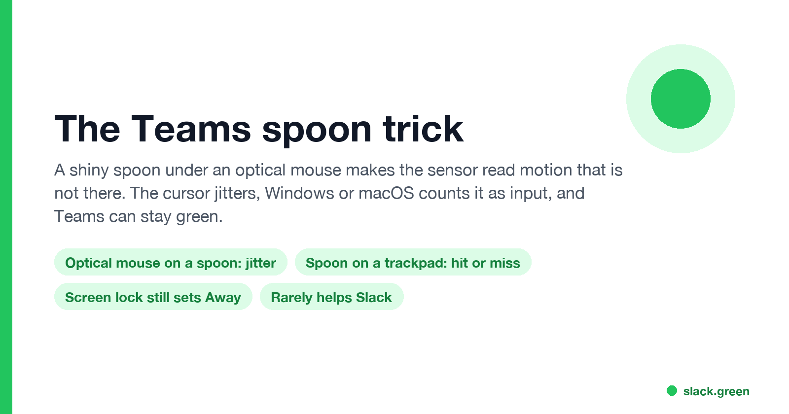 The Teams spoon trick: an optical mouse on a shiny spoon makes the cursor jitter, and Teams counts it as input