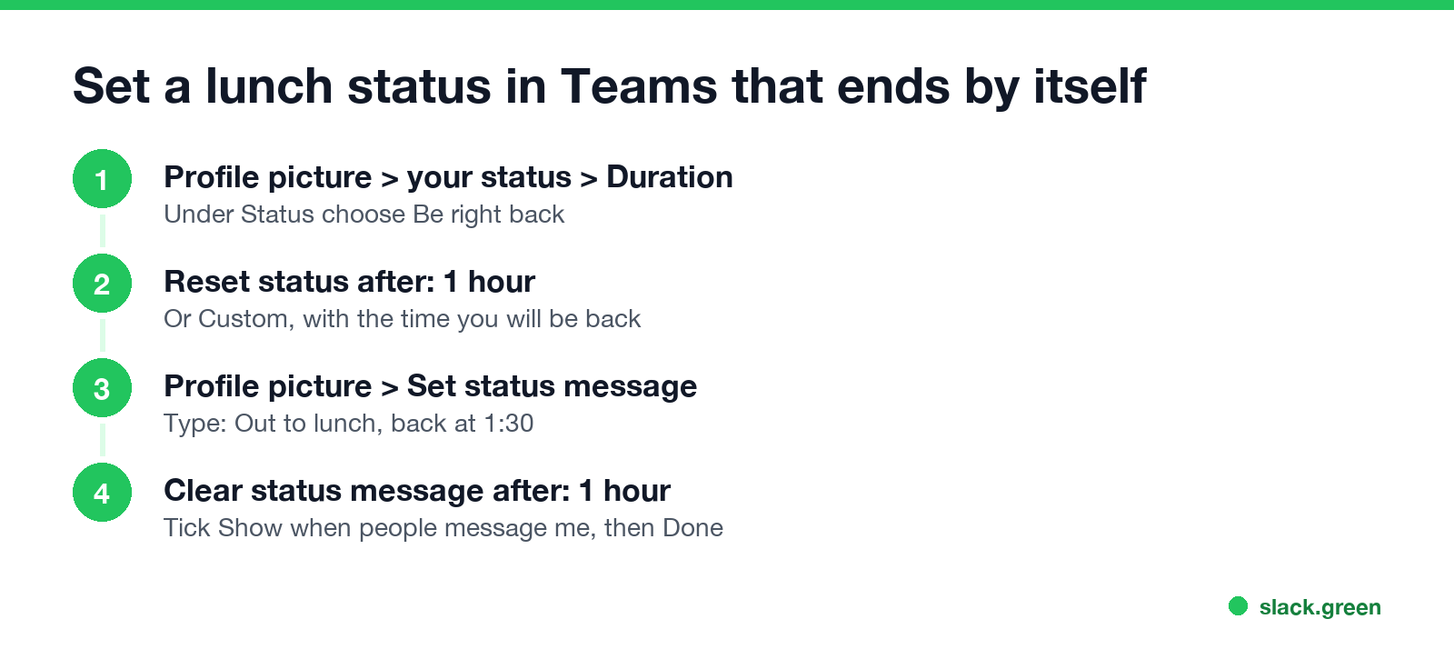 Set a lunch status in Teams that ends by itself: Duration, Be right back, reset after 1 hour, status message cleared after 1 hour