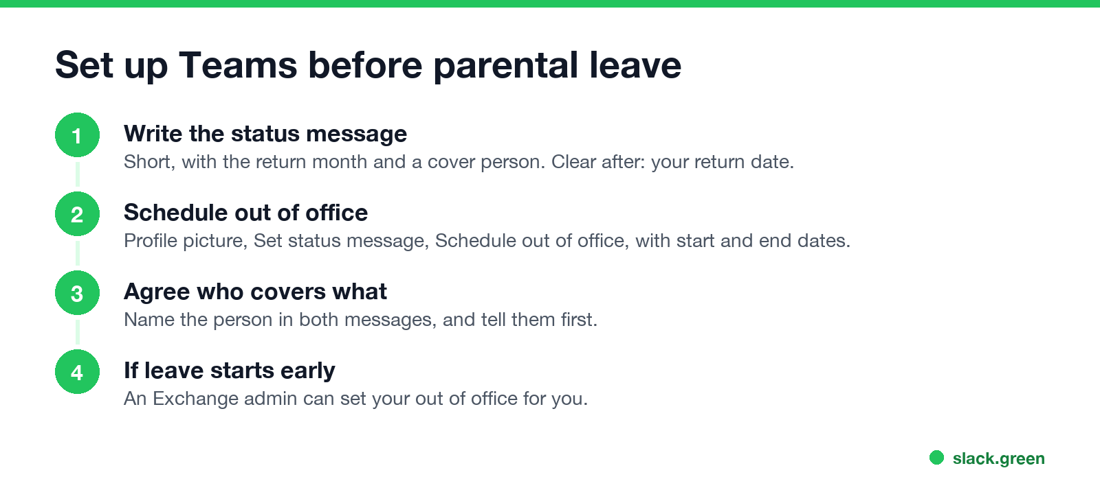 Set up Teams before parental leave: write the status message, schedule out of office, agree who covers what, admin can set it if leave starts early