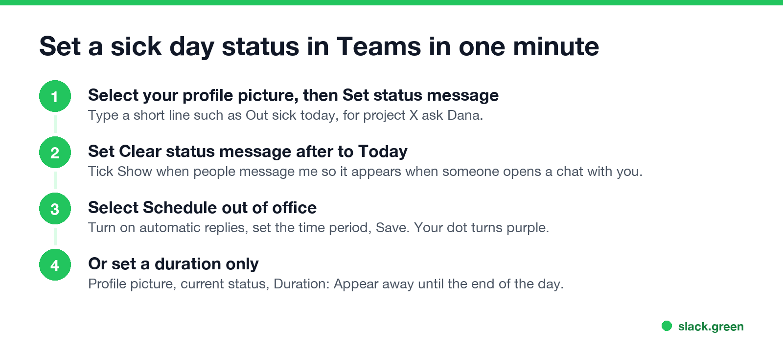 Set a sick day status in Teams in one minute: status message, clear after today, schedule out of office, or set a duration