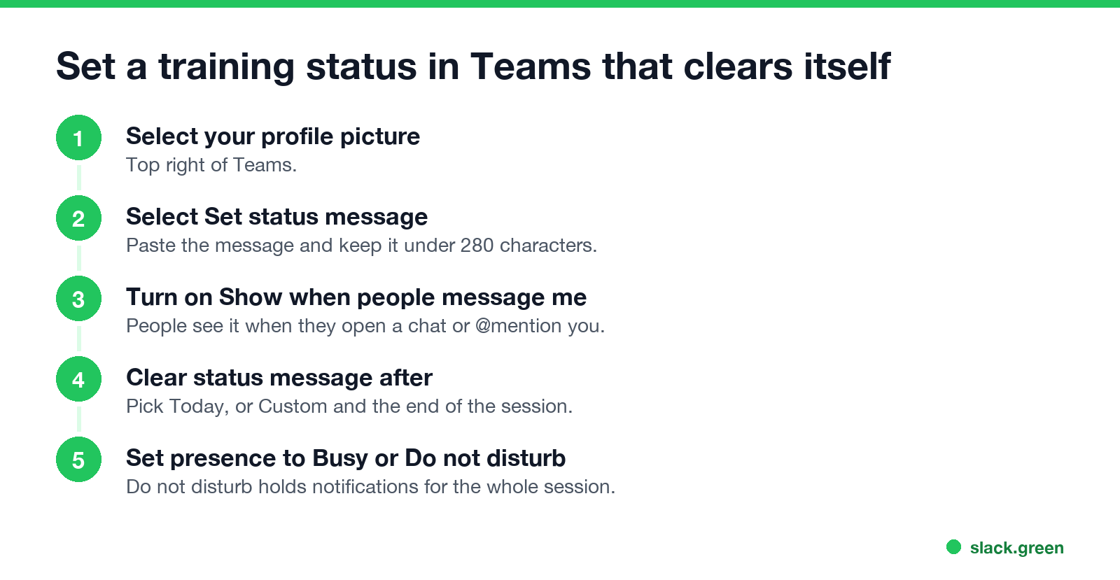 Set a training status in Teams that clears itself: profile picture, Set status message, Show when people message me, clear after, presence