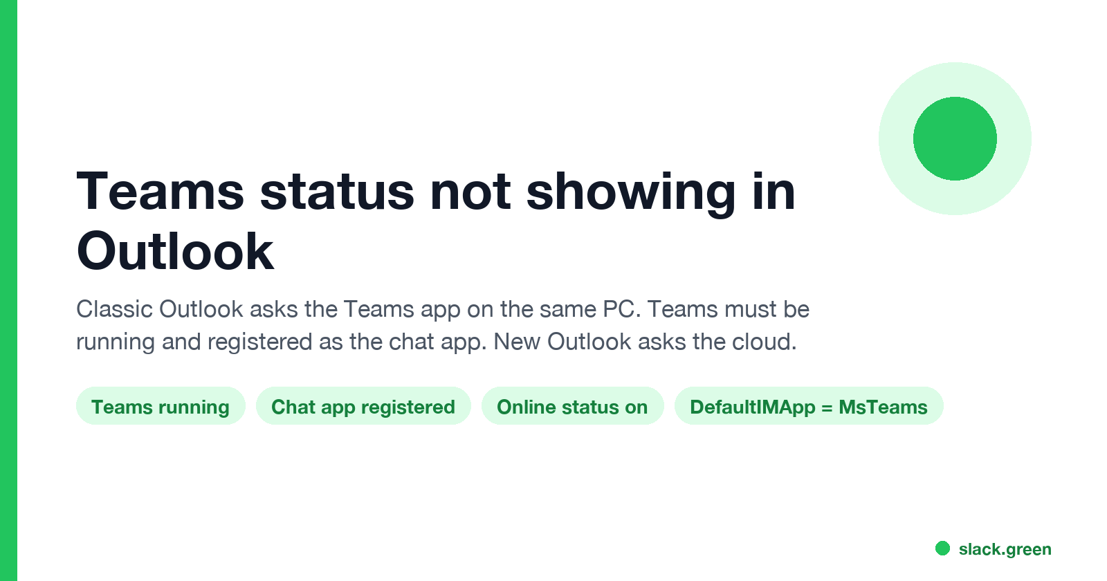 Teams status not showing in Outlook: classic Outlook needs Teams running and registered as the chat app