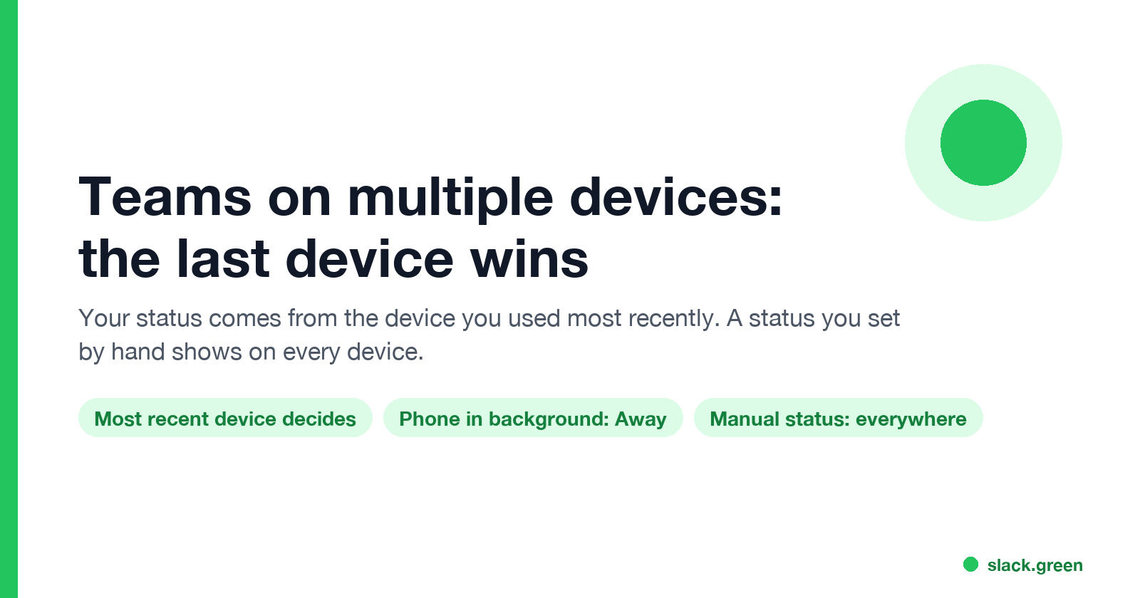 Teams status on multiple devices: the device you used most recently sets your status; a manual status applies everywhere