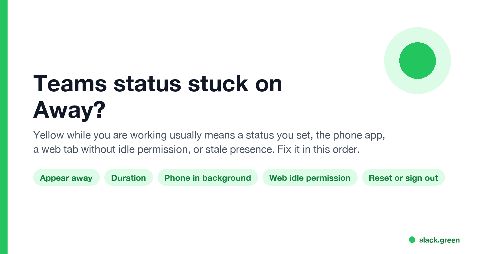Teams status stuck on Away: Appear away, duration, phone in background, web idle permission, reset or sign out