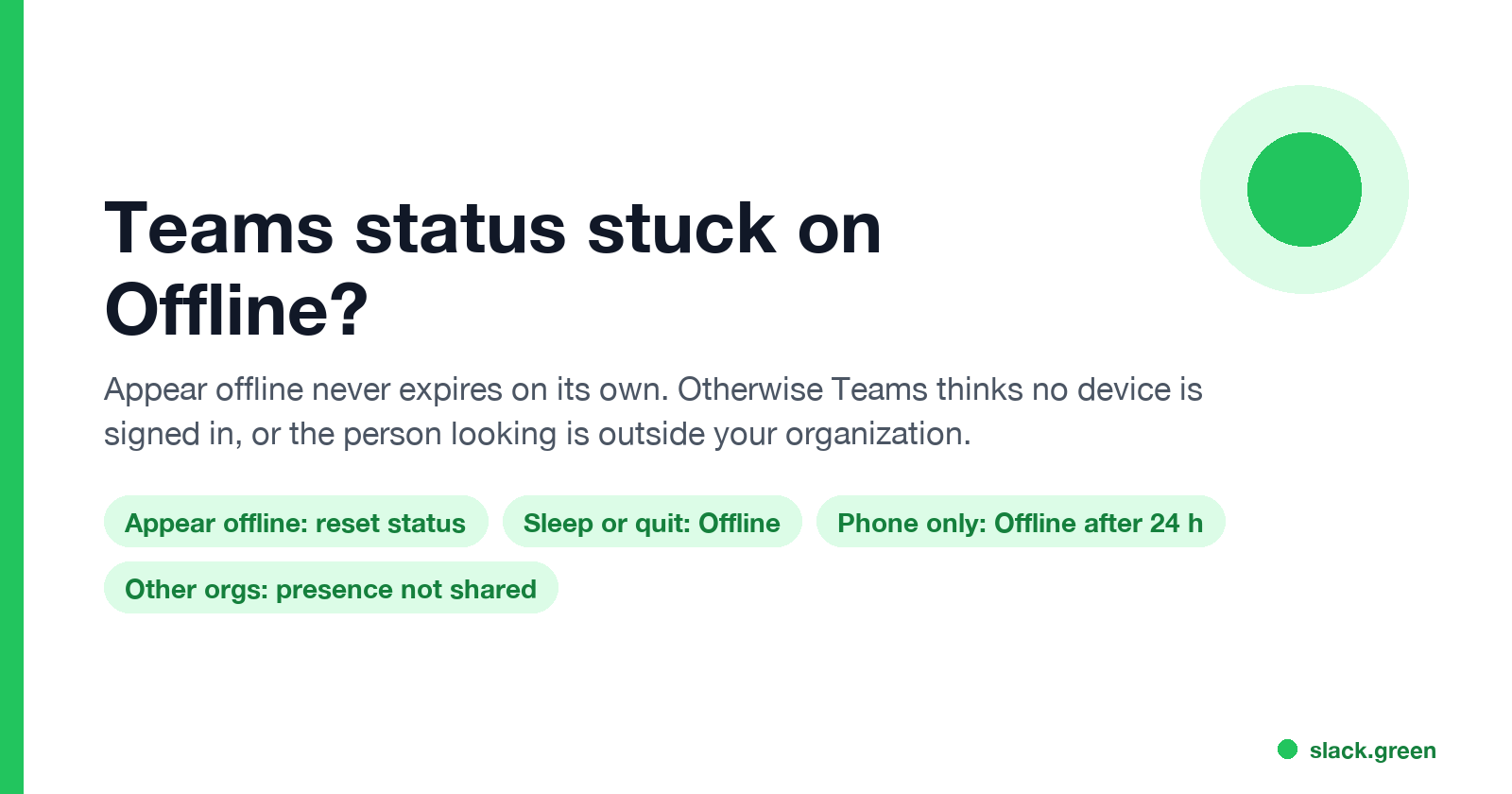 Teams status stuck on Offline: Appear offline never expires, no device signed in, sleep, phone after 24 hours, other organizations, Outlook