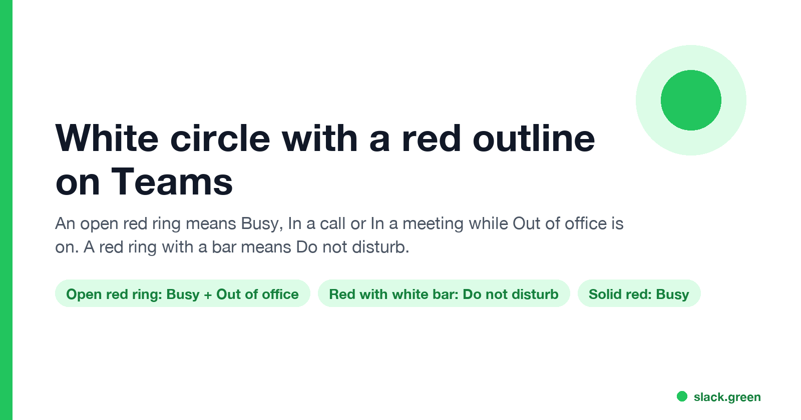 White circle with a red outline on Teams: open red ring means Busy with Out of office on, red with a white bar means Do not disturb