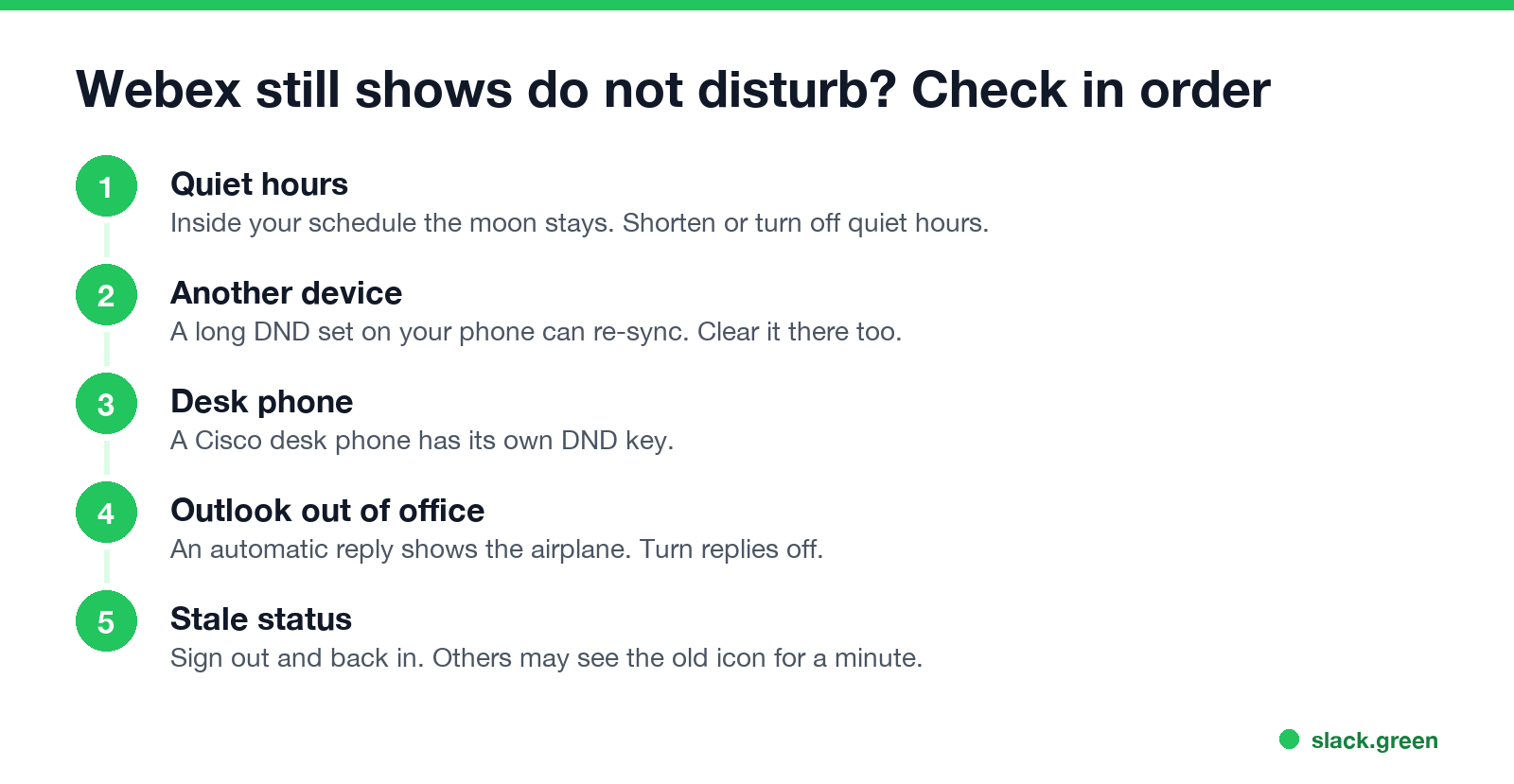 Why Webex still shows do not disturb after you clear it: quiet hours, desk phone DND, another device, Outlook out of office, cached status
