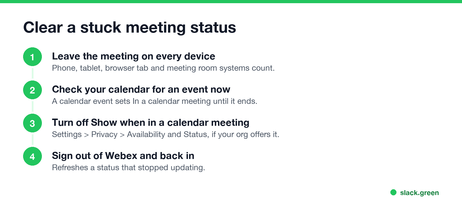 Clear a stuck meeting status: leave on every device, check the calendar, turn off the calendar setting, sign out and in