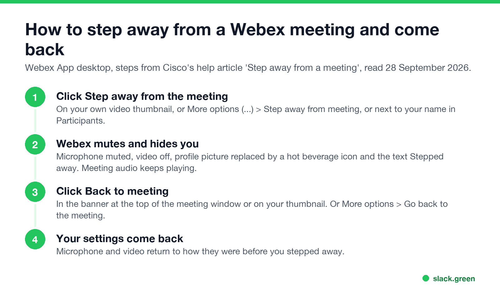 How to step away from a Webex meeting and come back: click Step away, Webex mutes and hides you, click Back to meeting