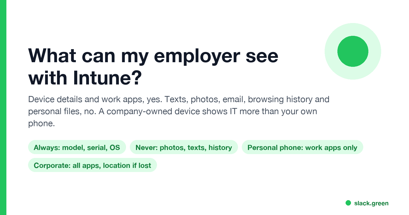 What can my employer see with Intune: model, serial and OS always; photos, texts and history never; work apps only on a personal phone