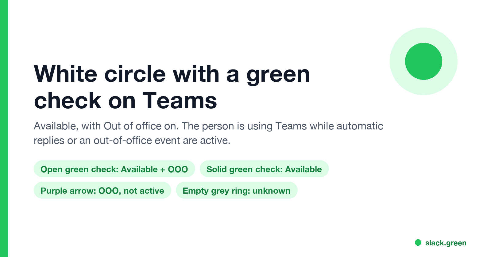 White circle with a green check on Teams: Available with Out of office on; solid green with a white check is plain Available