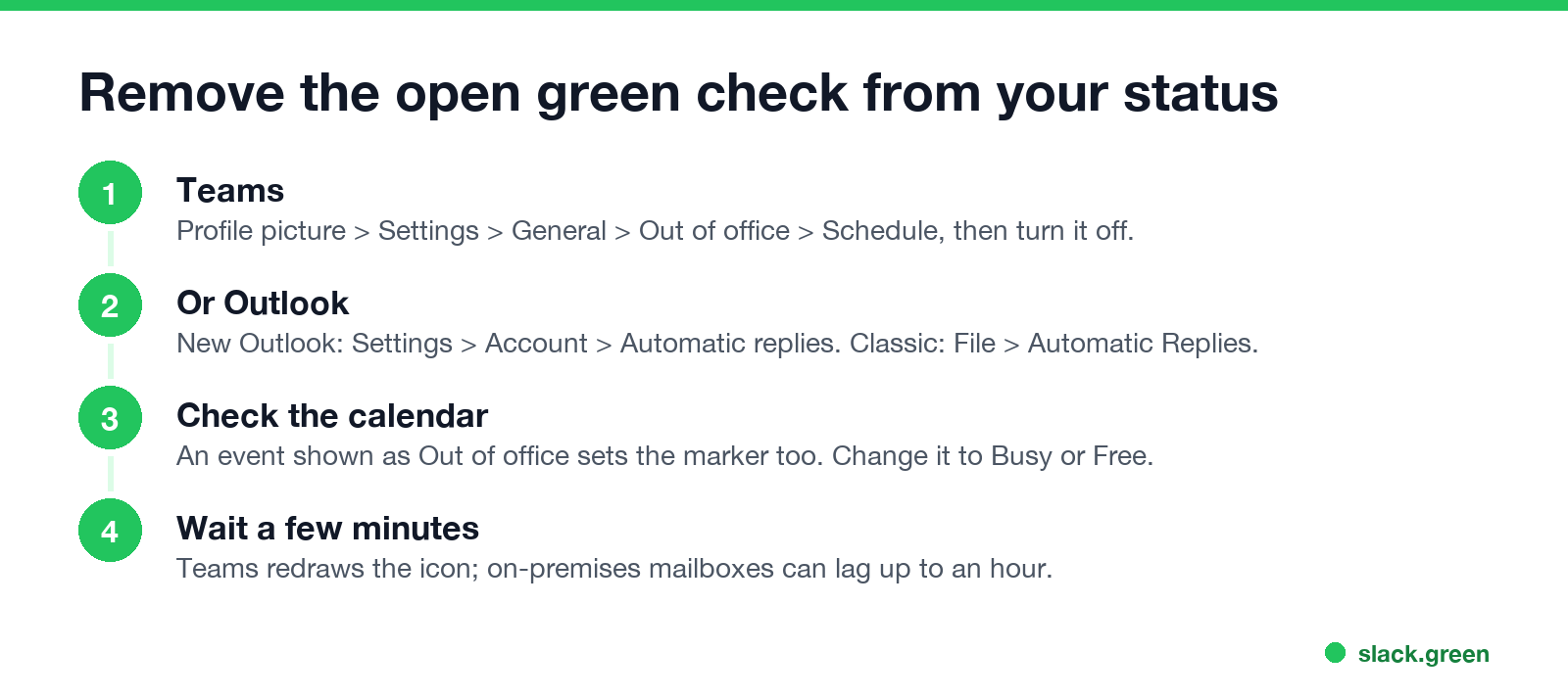 How to remove the open green check: turn off automatic replies in Teams or Outlook, check the calendar for Out of office events, wait for Teams to update