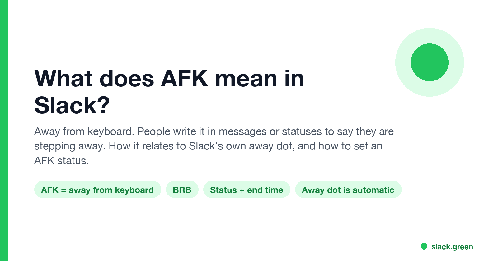 What does AFK mean in Slack: away from keyboard, BRB, status with end time, away dot is automatic