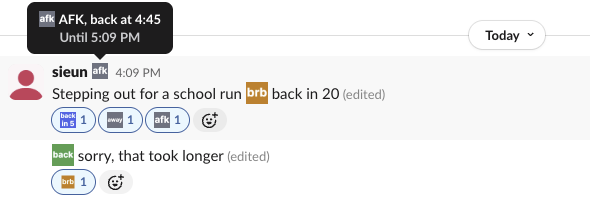 Slack web app on 29 September 2026: the afk emoji next to the name, a hover card reading AFK, back at 4:45, Until 5:09 PM, a message with the brb emoji inline, and back in 5, away and afk reactions