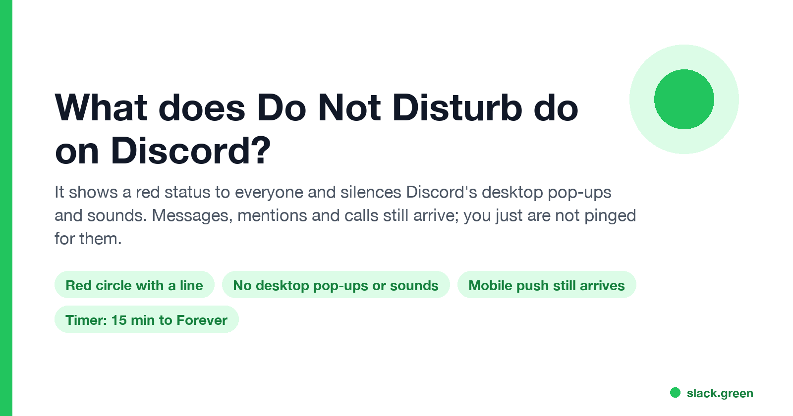 What does Do Not Disturb do on Discord: red status, no desktop pop-ups or sounds, messages still arrive