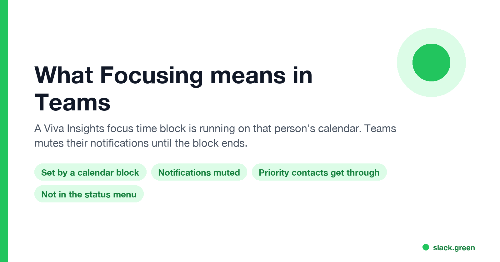 What Focusing means in Teams: a Viva Insights focus time block is running, notifications muted, ends with the block