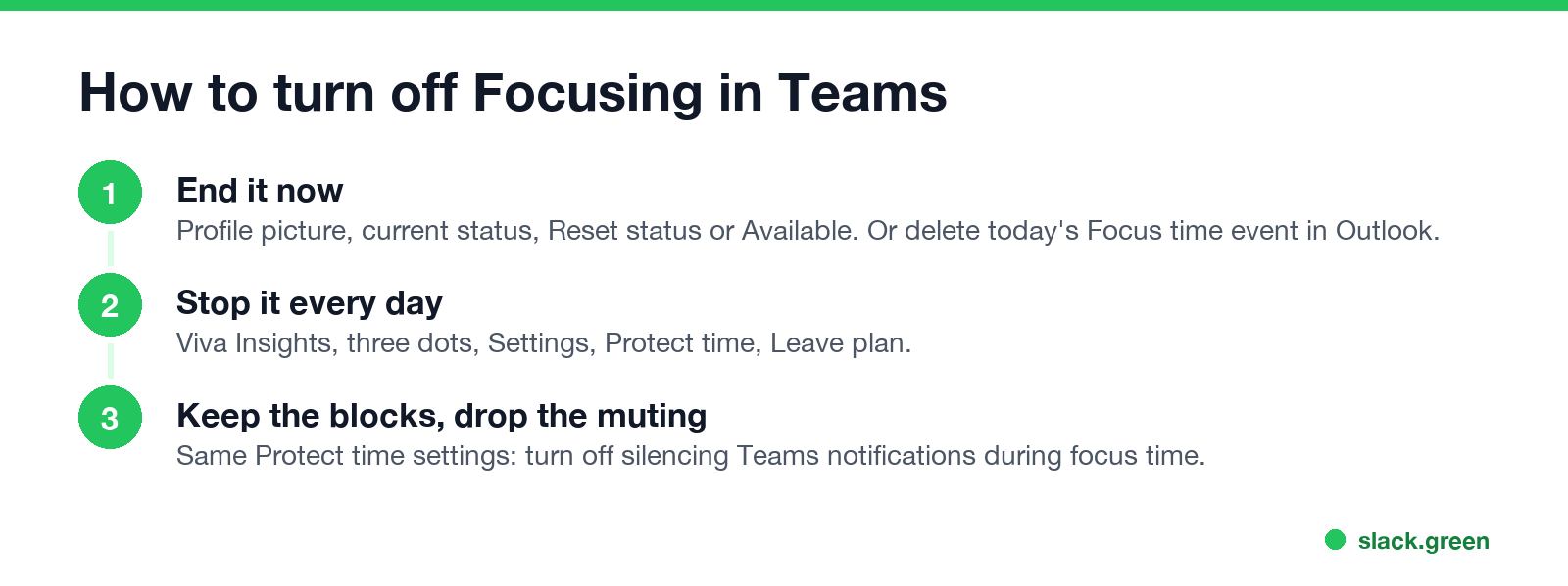 How to turn off Focusing in Teams: end today's block, stop the daily plan, keep blocks without muting