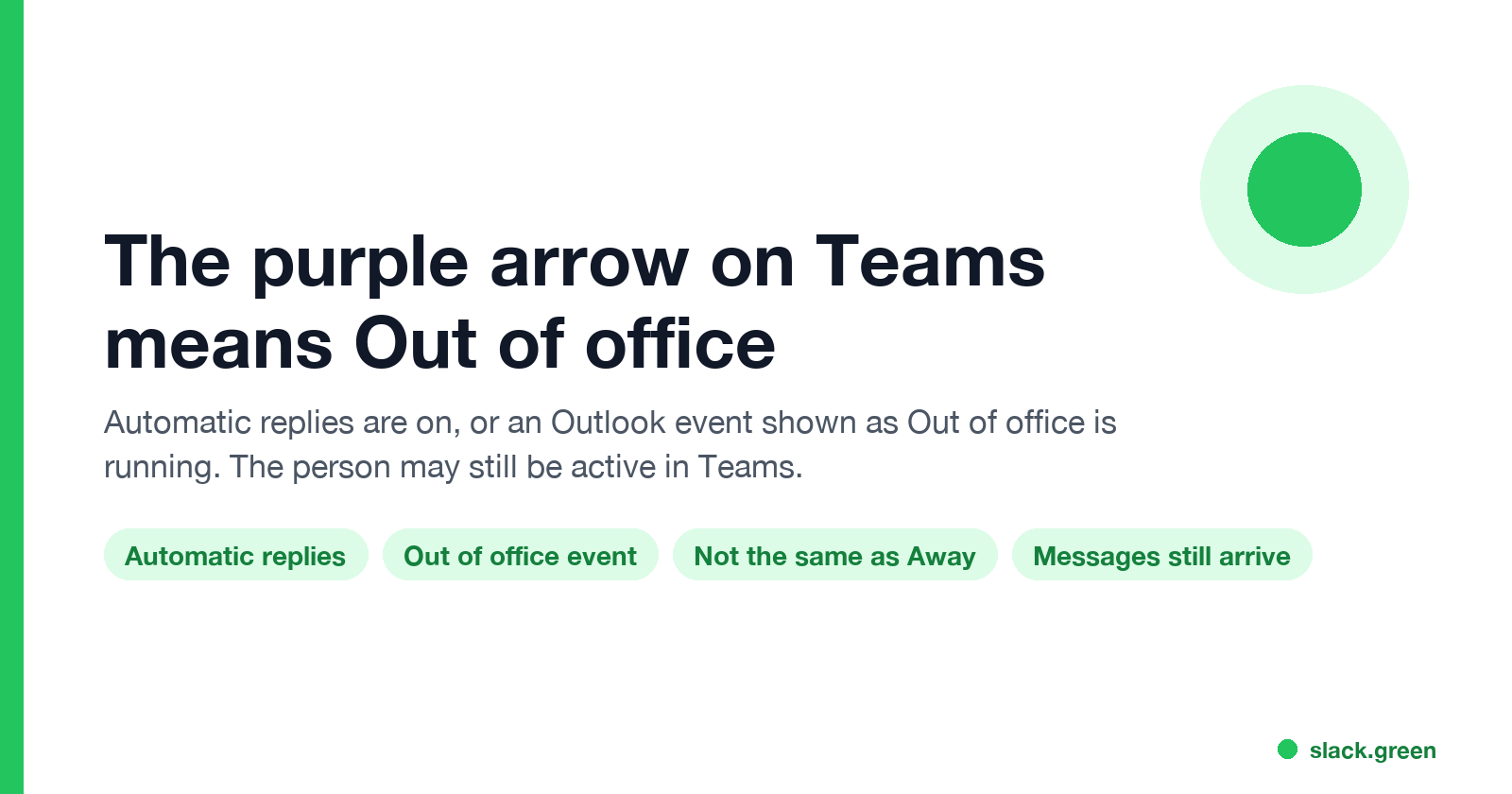 What the purple arrow means on Teams: Out of office, set by automatic replies or an Out of office calendar event