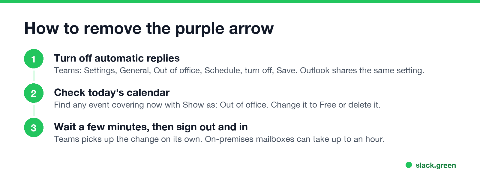 How to remove the purple arrow on Teams: turn off automatic replies, check today's calendar, wait and sign in again