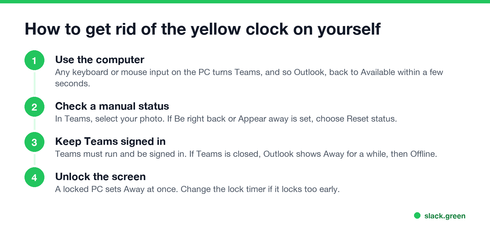 How to get rid of the yellow clock on yourself: use the computer, check a manual status, keep Teams signed in, unlock the screen