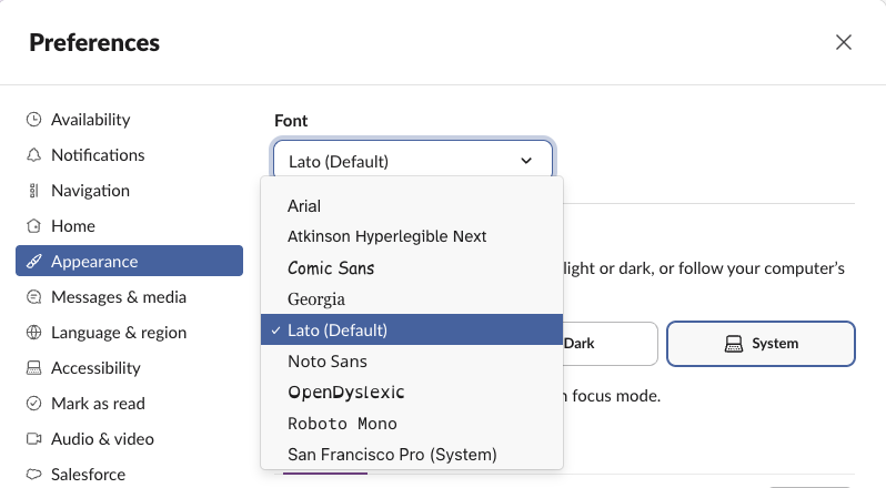 The Font menu in Slack Preferences, Appearance, with Lato (Default) selected
