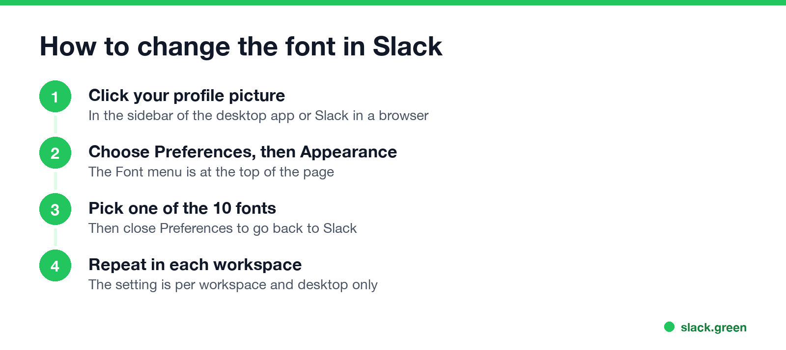 How to change the font in Slack: profile picture, Preferences, Appearance, pick a font, repeat per workspace