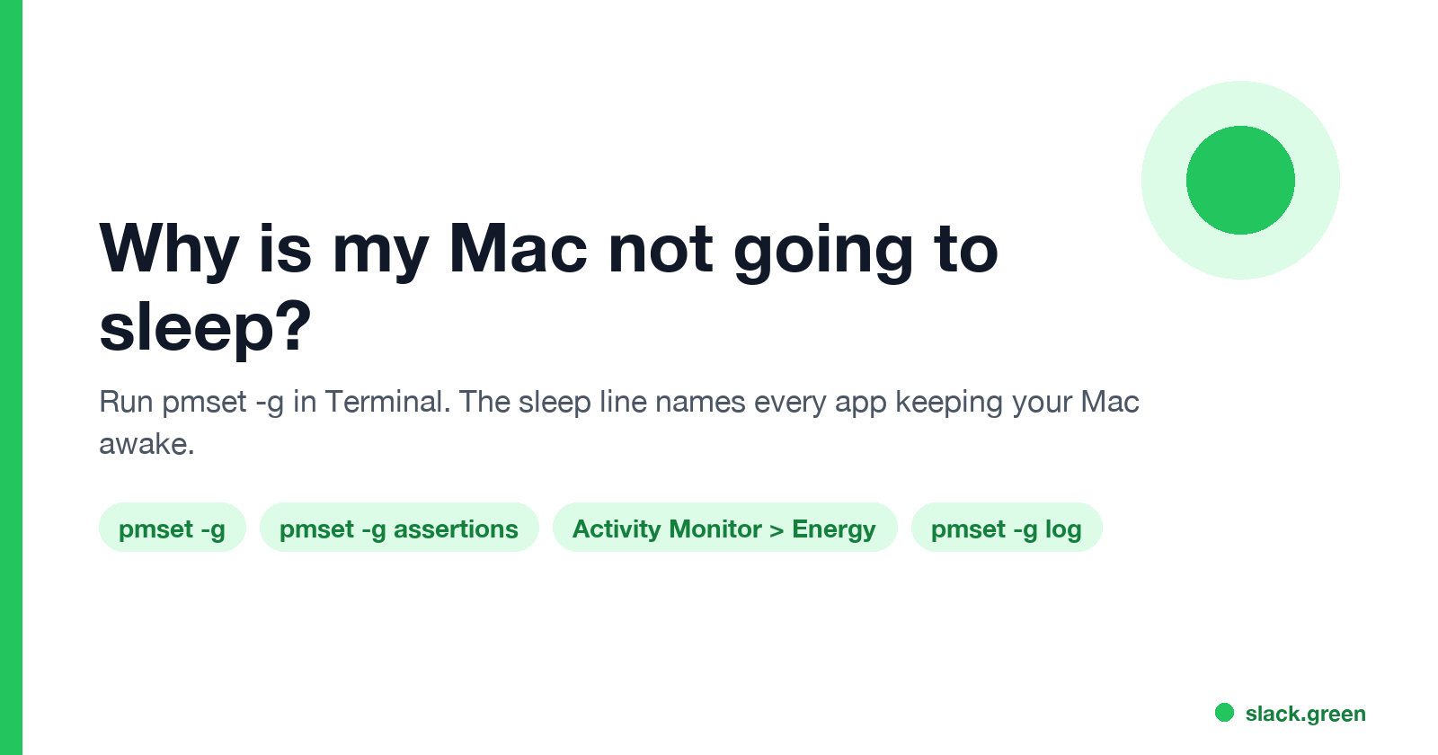 Why is my Mac not going to sleep: pmset -g lists what prevents sleep, such as coreaudiod, a browser playing audio, sharingd and Amphetamine