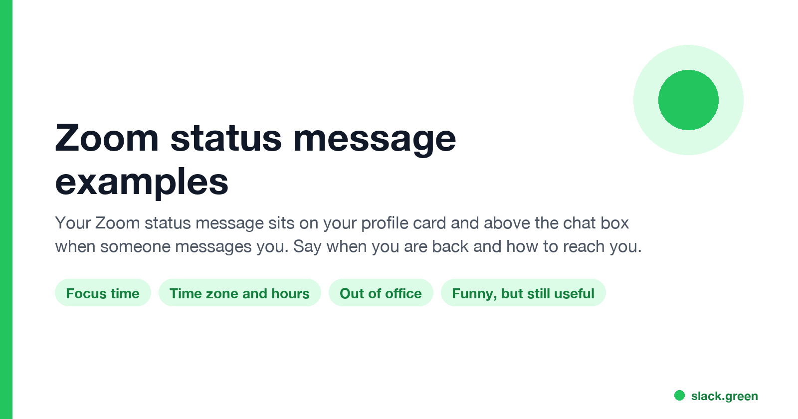 Zoom status message examples: focus time, time zone and hours, out of office, funny