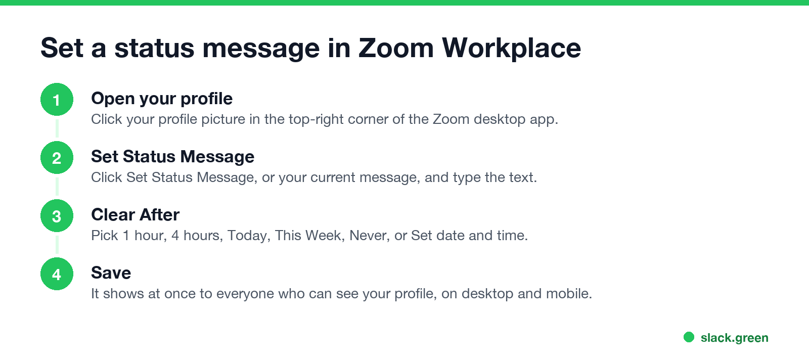 Set a status message in Zoom Workplace: profile picture, Set Status Message, Clear After, Save